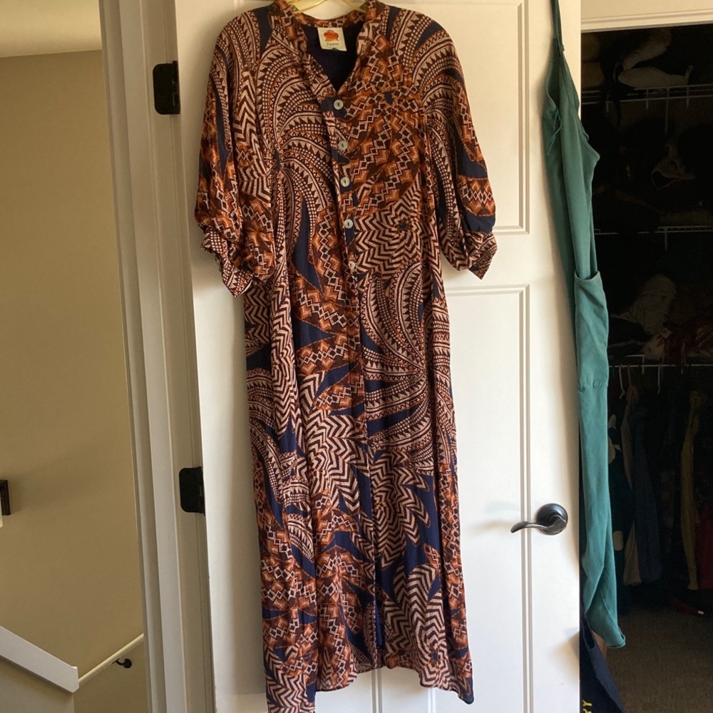 FARM Rio Geometric Button-Front Maxi Dress in Brown & Navy